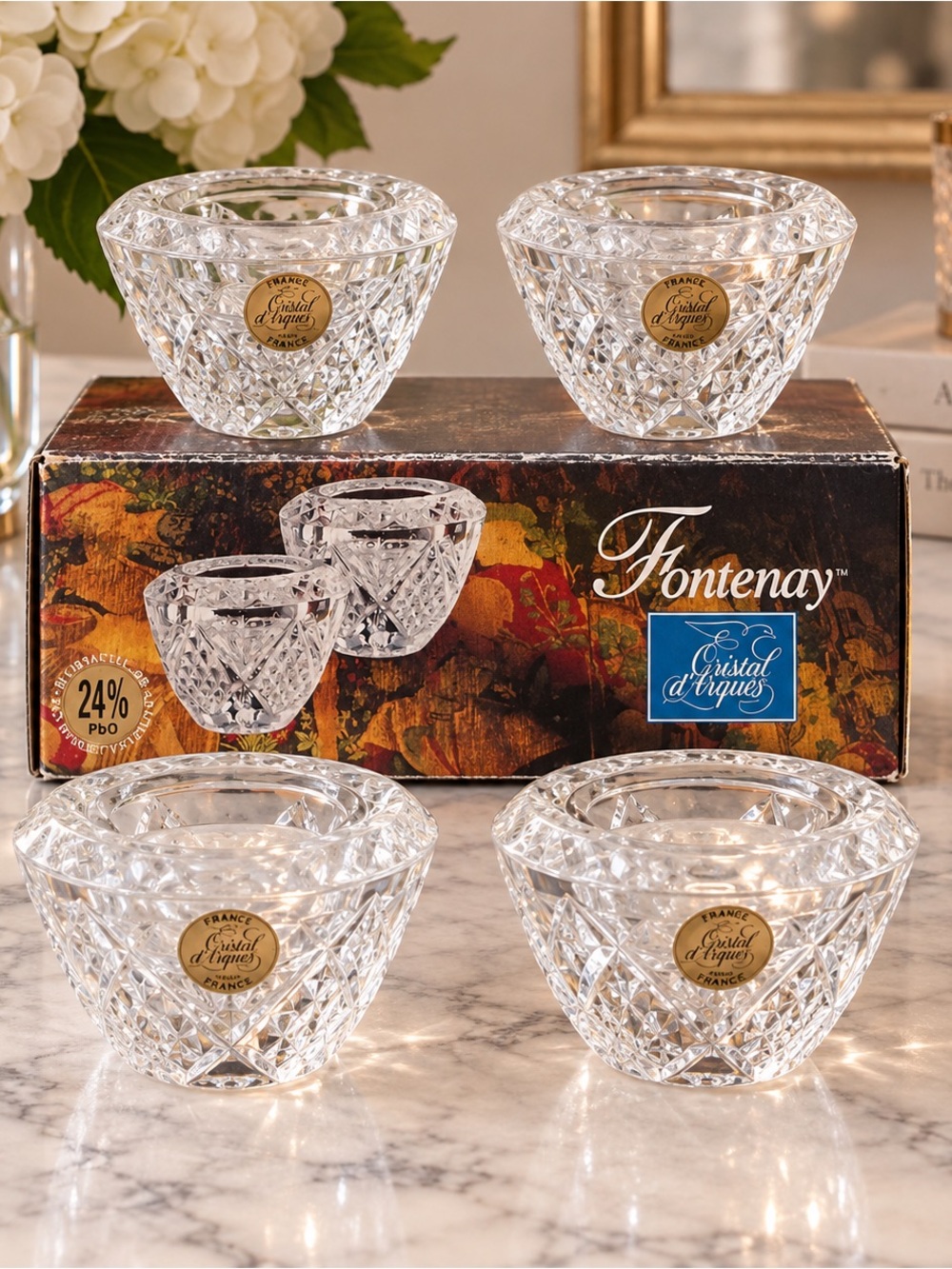 Vintage Cristal d’Arques Fontenay 24% Lead Crystal Candle Holders France Set 4